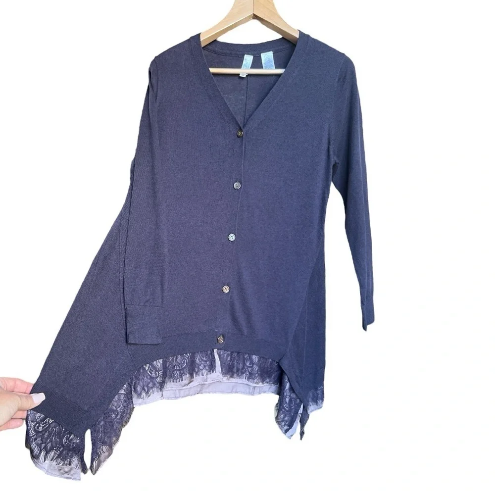 Tamsy Women’s Cashmere Cotton Navy Blue Lace Hem Tunic Cardigan Sweater, Small
